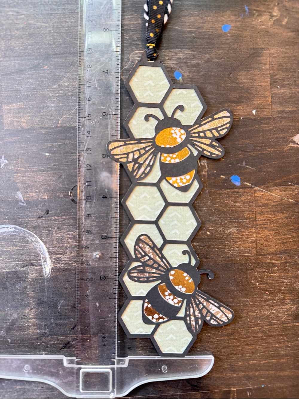 Handmade triple layer cardstock Bee Honeycomb bookmark green gold silver black
